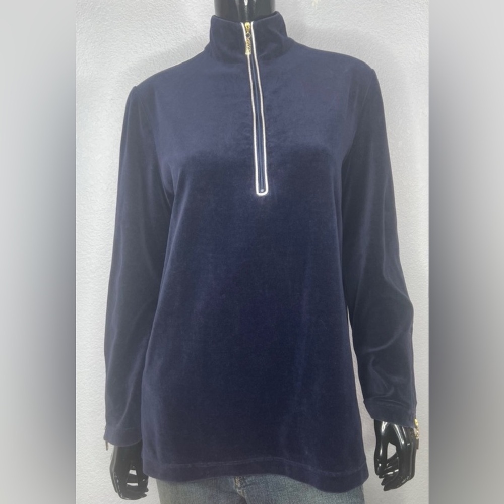 St John Sport Dark Blue Velour Cotton Blend 1/4 Zip Pullover GUC